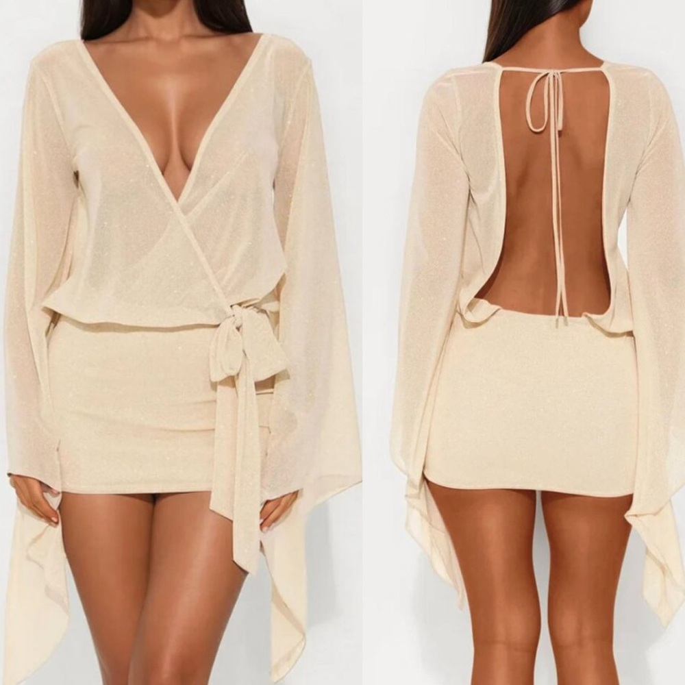 Glitter Mesh Mini Dress Champagne Gold